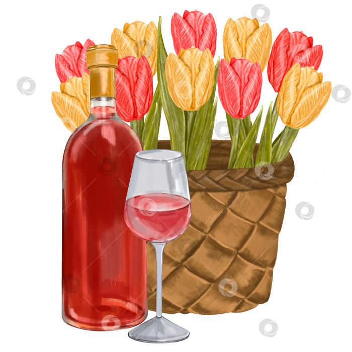 Скачать Акварельная композиция бутылка красного вина и бокал вина с корзиной цветов, изолированная иллюстрация на белом фоне. Нарисованная от руки акварель фотосток Ozero