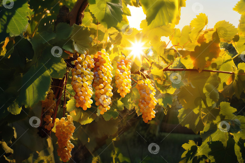 Скачать Грозди спелого винограда на виноградной лозе в лучах солнца.  Созданный искусственный интеллект. фотосток Ozero