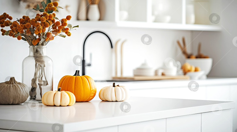 Скачать Осенний декор на современной белой кухне. Созданный искусственный интеллект. фотосток Ozero