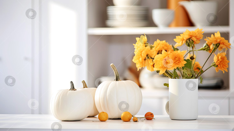Скачать Осенний декор на современной белой кухне. Созданный искусственный интеллект. фотосток Ozero