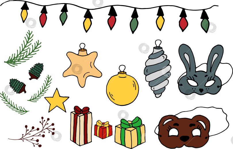 Скачать Новогодняя векторная иллюстрация. Рождественские шары, спиральные звезды, маска для позднего завтрака на елке, подарочные сосновые шишки. фотосток Ozero
