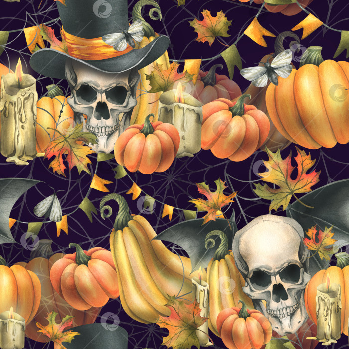 Скачать Человеческий череп, черный цилиндр с оранжевыми тыквами, паутиной, свечами и осенними кленовыми листьями. Нарисованная от руки акварельная иллюстрация к Хэллоуину. Бесшовный узор на темно-фиолетовом фоне фотосток Ozero