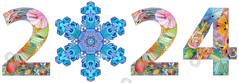 Скачать дизайн номера 2024 года со снежинкой. Симпатичная векторная иллюстрация для украшения фотосток Ozero