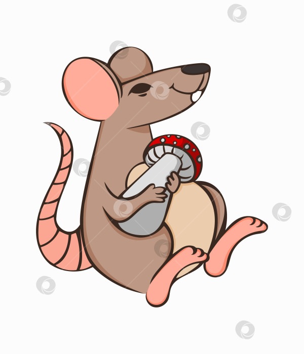 Скачать Симпатичная мышка держит в лапках мухомор. Забавная векторная иллюстрация. Элемент дизайна для детских товаров. Изображение, выделенное на белом фоне. Простое цветное изображение. фотосток Ozero
