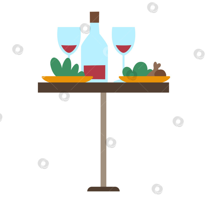 Скачать Векторный стол в плоском стиле с вином, бокалами и блюдами. Симпатичный предмет мебели. Значок французского символа, выделенный на белом фоне. Иллюстрация ужина в ресторане фотосток Ozero