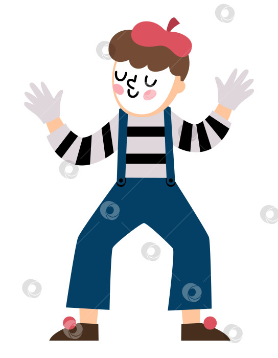 Скачать Мим в берете и полосатой рубашке исполняет трюк. Векторная иллюстрация французского клоуна. Симпатичный традиционный символ Франции, выделенный на белом фоне фотосток Ozero