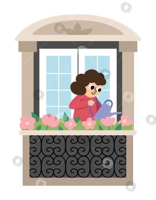 Скачать Девушка поливает цветы на французском балконе. Векторная иллюстрация женщины. Симпатичный значок персонажа, выделенный на белом фоне фотосток Ozero