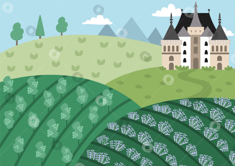 Скачать Векторный французский пейзаж с винным двором и лавандовым полем. Иллюстрация европейской фермы. Сельская сцена с деревьями, замком, горами. Милый фон природы с лугом, садом фотосток Ozero