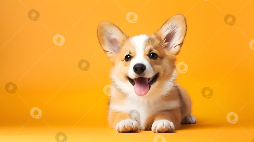 Скачать Счастливый щенок Корги на цветном фоне с пробелом для копирования. Студийный снимок улыбающегося щенка породы корги, лежащего на полу на желтом фоне. Баннер любви к домашним животным. Концепция забавных собачек фотосток Ozero