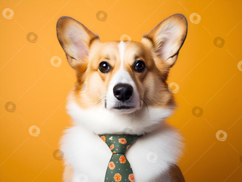 Скачать Серьезная растерянная собака корги в галстуке на цветном фоне с пробелом для копирования. Студийный портрет собаки корги на темно-желтом фоне. Баннер "Любовь к домашним животным". Баннер "Крутая собака", вельш-корги фотосток Ozero