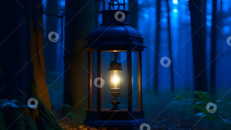 Скачать Мистический фонарь, светящийся в темном лесу, создает таинственную и жутковатую атмосферу Хэллоуина. фотосток Ozero