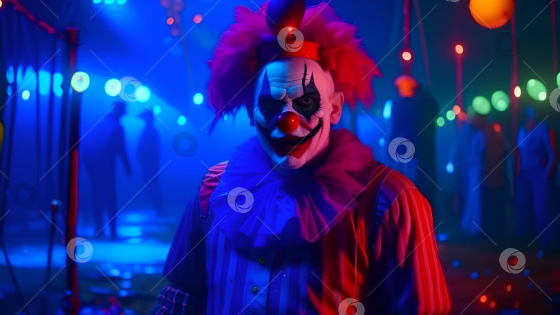 Скачать Жуткий цирк с залитыми кровью фигурами клоунов и мерцающими огнями создает жуткую и мистическую атмосферу Хэллоуина. фотосток Ozero