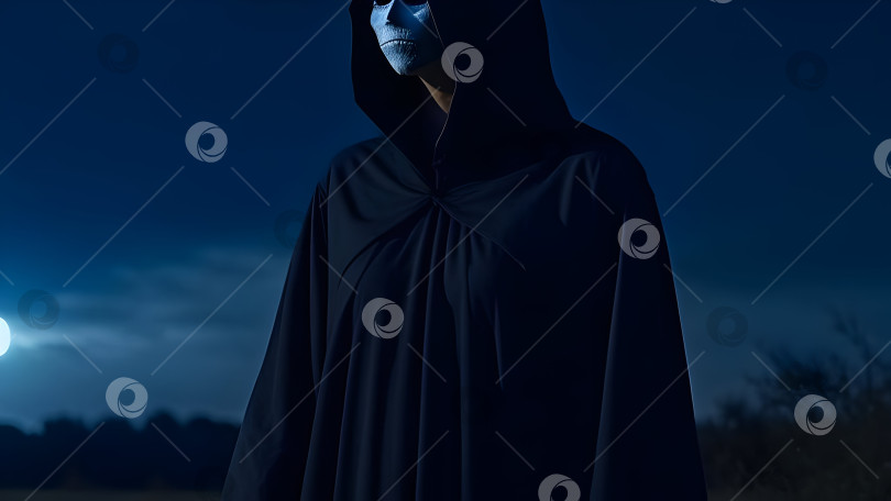 Скачать Зловещая фигура в черном платье и маске, стоящая на фоне полной луны, создает таинственную и пугающую атмосферу Хэллоуина. фотосток Ozero