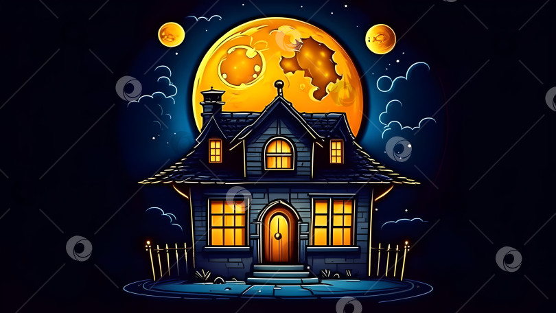 Скачать Жуткий дом, фасад которого освещен полной луной. Вокруг летают летучие мыши, а на окне дома висит светильник в форме хэллоуинской тыквы, создающий жуткую иллюминацию. фотосток Ozero
