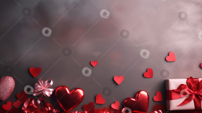 Скачать Баннер на День Святого Валентина с красными металлическими сердечками и подарочной коробкой на темном фоне, баннер любви, поздравительная открытка. Плакат ко Дню Святого Валентина с подарком и красными сердечками, место для копирования. Любовь и отношения фотосток Ozero