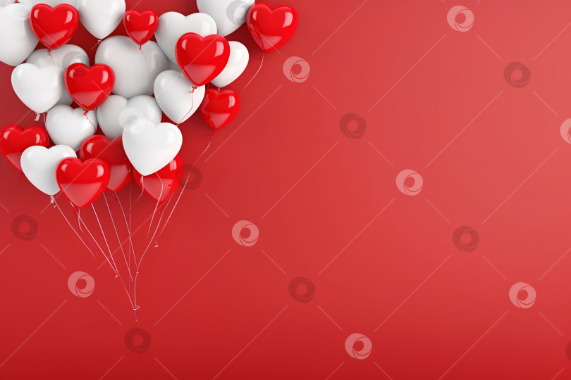 Скачать Белые и красные воздушные шары в форме сердца, летящие на красном фоне. Украшение воздушными шарами в форме сердца для поздравительной открытки на день Святого Валентина, приглашения на свадьбу. Любовь и отношения. Баннер "Любовные сердца" фотосток Ozero