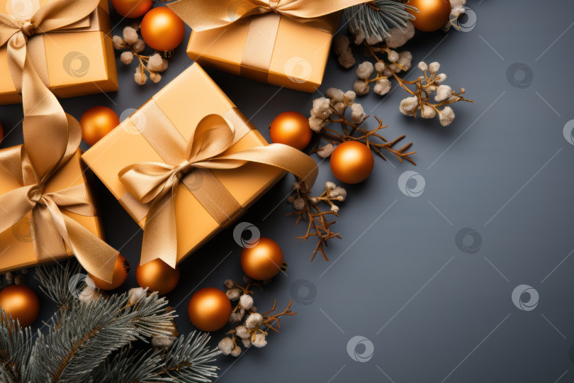 Скачать Рождественский баннер с подарками, золотыми шарами на сером фоне. Рождественская поздравительная открытка. Генеративный искусственный интеллект. фотосток Ozero