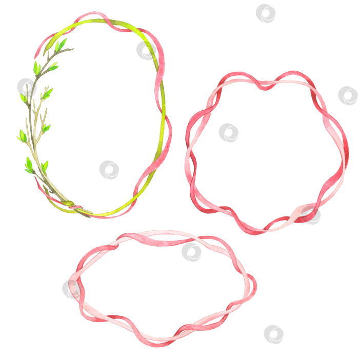 Скачать Акварельный венок из весенних,молодых веточек и лент на бнлом фоне. Венки из розовых лент на белом фоне. фотосток Ozero