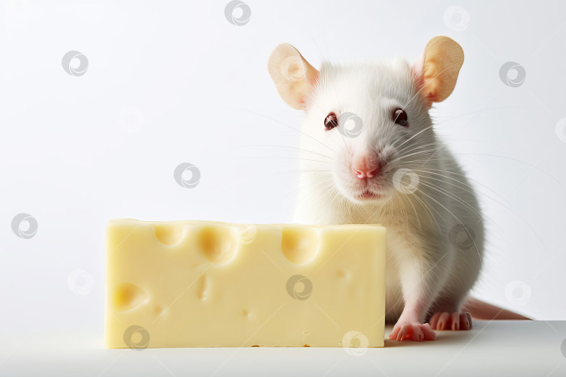 Скачать Крупным планом скопируйте белую ручную крысу или мышь с сыром. Созданный искусственный интеллект. фотосток Ozero