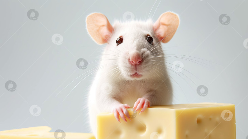 Скачать Крупным планом скопируйте белую ручную крысу или мышь с сыром. Созданный искусственный интеллект. фотосток Ozero