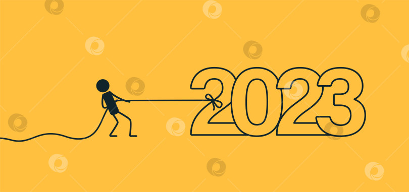 Скачать Новогодняя иллюстрация. Мужчина тянет 2023 год за веревку. Векторное изображение на желтом фоне. фотосток Ozero