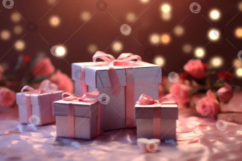 Скачать Розовые подарочные коробки на день Святого Валентина. Закрыть. Поздравительная открытка. Генеративный искусственный интеллект. фотосток Ozero