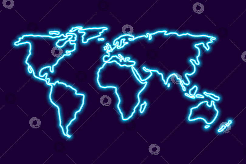 Скачать Простая стилизованная синяя неоновая карта мира в форме минимальной тонкой линии. Контуры континентов земного шара выделены на черно-синем фоне. векторная иллюстрация. фотосток Ozero