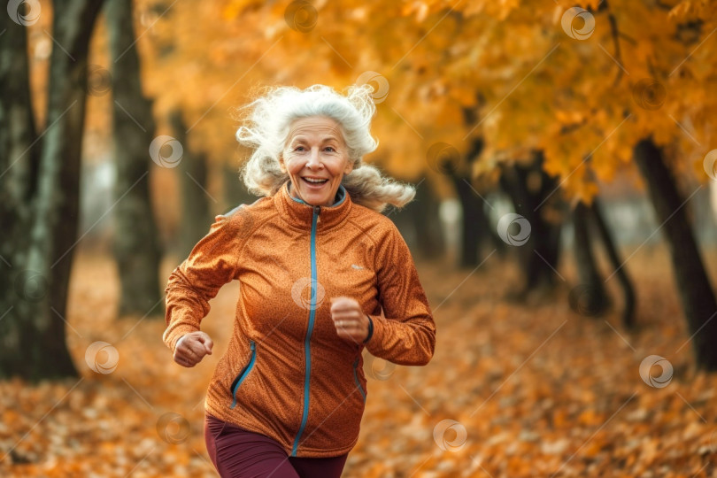 Скачать Пожилая женщина тренируется во время пробежки трусцой в осеннем парке. омолаживающий фитнес. Физическое здоровье, радость движения. Пространство для копирования фотосток Ozero
