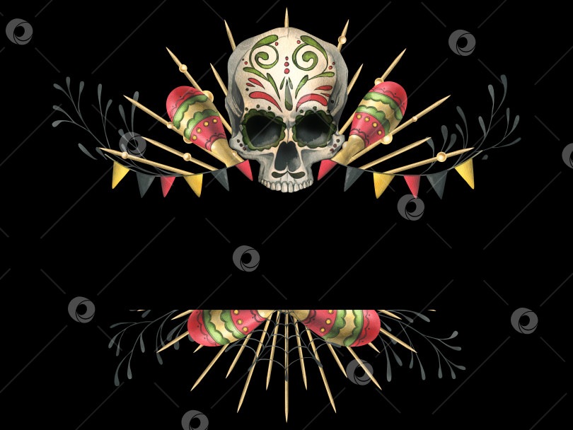 Скачать Человеческий череп с орнаментом, в золотой короне с лучами, с паутиной, гирляндами флагов и маракасами. Нарисованная от руки акварельная иллюстрация ко дню мертвых, Хэллоуину, Диа-де-лос-муэртос. Шаблон. фотосток Ozero