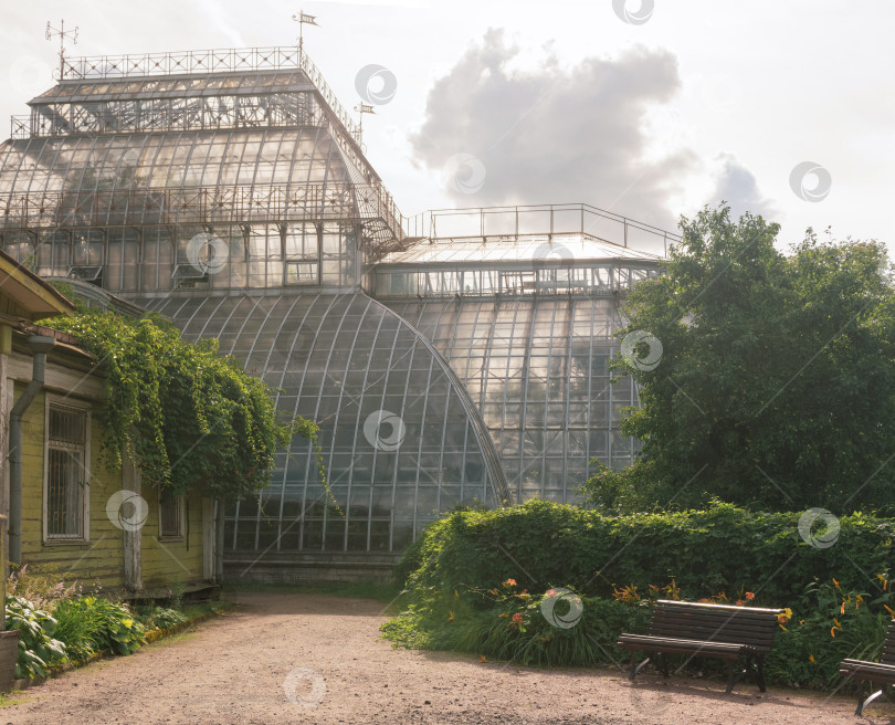 Скачать уголок старого ботанического сада с огромной старинной оранжереей на заднем плане фотосток Ozero