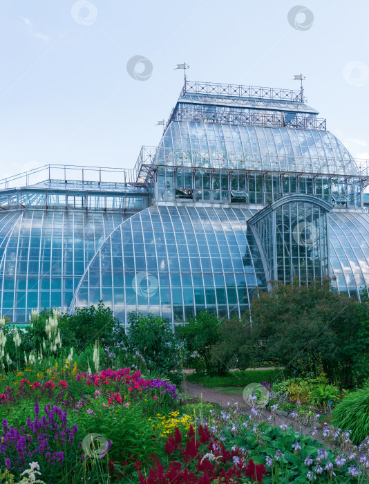 Скачать вид на Ботанический сад Санкт-Петербурга с цветочными клумбами и древней пальмовой оранжереей на заднем плане фотосток Ozero