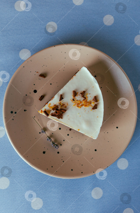 Скачать Треугольный кусок торта на тарелке украшенный шоколадом и карамелью вид сверху фотосток Ozero