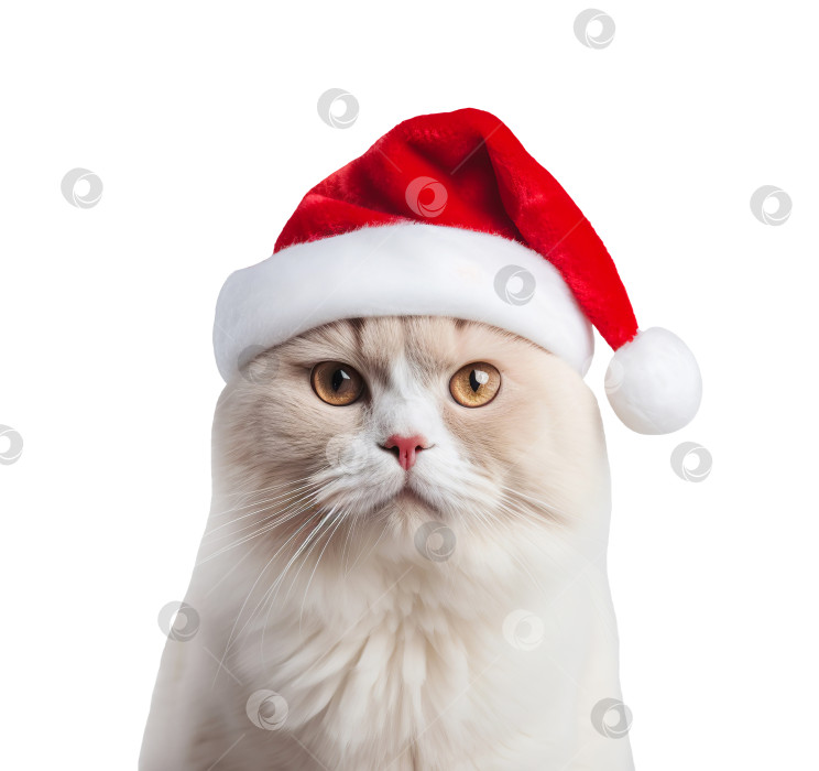 Скачать Милый пушистый кот в шляпе Санты, вырезанный на белом фоне. Концепция счастливого Рождества. Порождающий искусственный интеллект фотосток Ozero