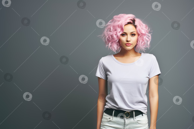 Скачать Привлекательная девушка с розовыми волосами, одетая в чистую белую футболку на сером фоне. Макет для дизайна принта на футболке. Иллюстрация генеративного искусственного интеллекта фотосток Ozero