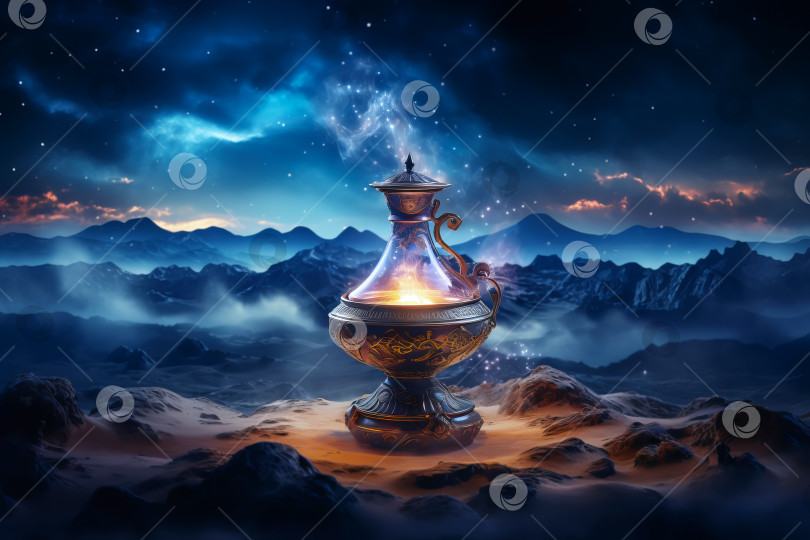 Скачать Таинственная лампа Аладдина с пылающим огнем и дымом на волшебном фоне ночного неба и пустыни. Иллюстрация генеративного искусственного интеллекта фотосток Ozero