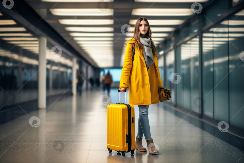 Скачать Привлекательная женщина-путешественница прогуливается с желтым чемоданом по современной транспортной остановке на открытом воздухе. Иллюстрация генеративного искусственного интеллекта фотосток Ozero