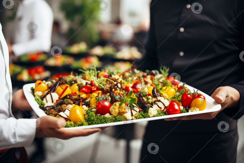 Скачать Официанты с красочными овощными закусками на тарелках крупным планом. Праздничное мероприятие, вечеринка или свадебный прием. Иллюстрация генеративного искусственного интеллекта фотосток Ozero