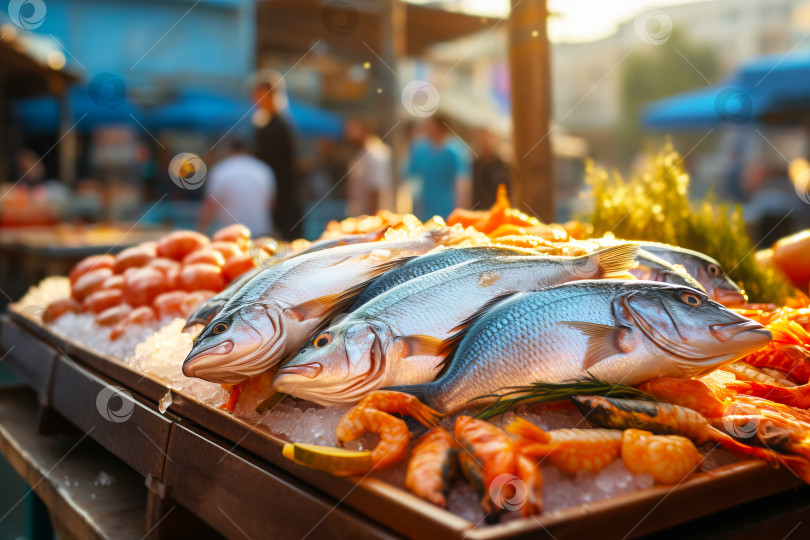 Скачать Местный рынок со свежими фермерскими продуктами. Морская рыба и морепродукты крупным планом на уличном прилавке. Иллюстрация генеративного искусственного интеллекта фотосток Ozero