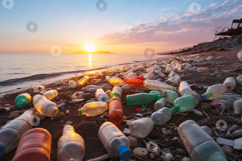 Скачать Мусор из грязных пластиковых бутылок на берегу океана. Загрязнение окружающей среды. Экологическая проблема. Иллюстрация генеративного искусственного интеллекта фотосток Ozero