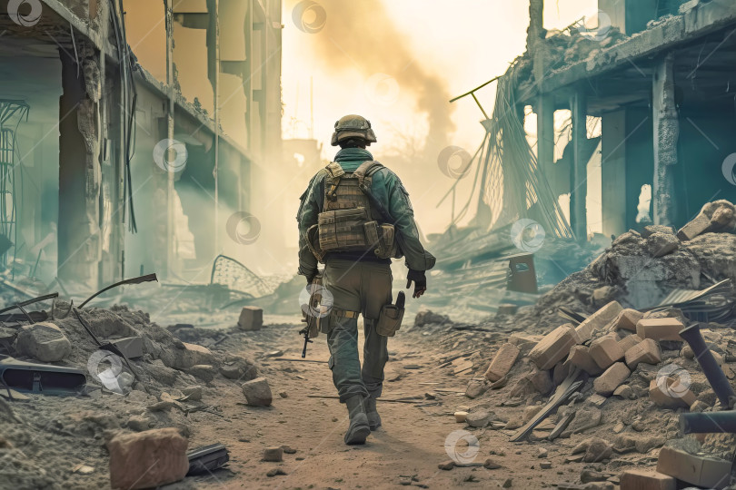 Скачать Безликий солдат, идущий по разрушенному городу. Иллюстрация генеративного искусственного интеллекта фотосток Ozero