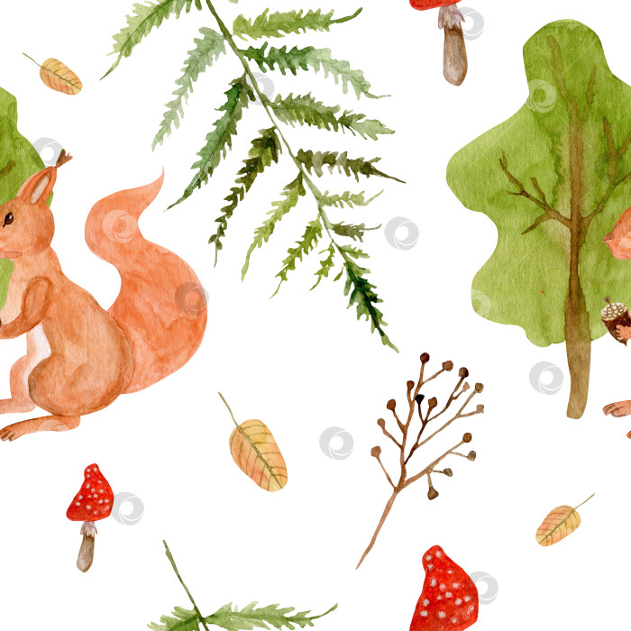 Скачать Лесной бесшовный узор для ткани, акварельные лесные животные: белка, папоротник, мухомор, сухие ветки, дерево, желудь. Лесные существа, напечатанные вручную фотосток Ozero