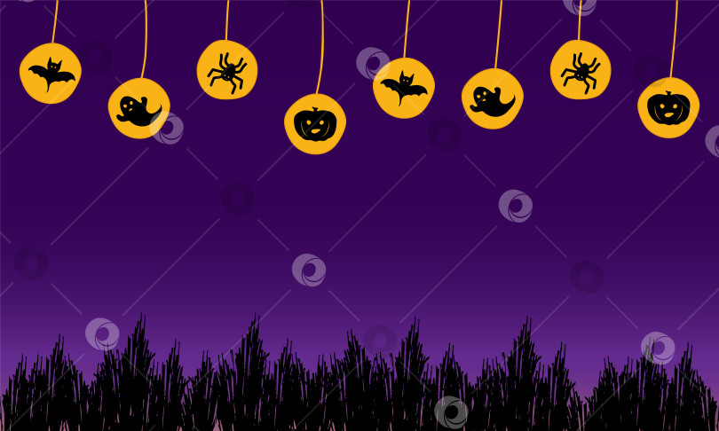 Скачать Векторный фон Хэллоуина с призраком, тыквой, пауками, летучими мышами, сухими кустами. Фиолетовый, желтый, черный. фотосток Ozero