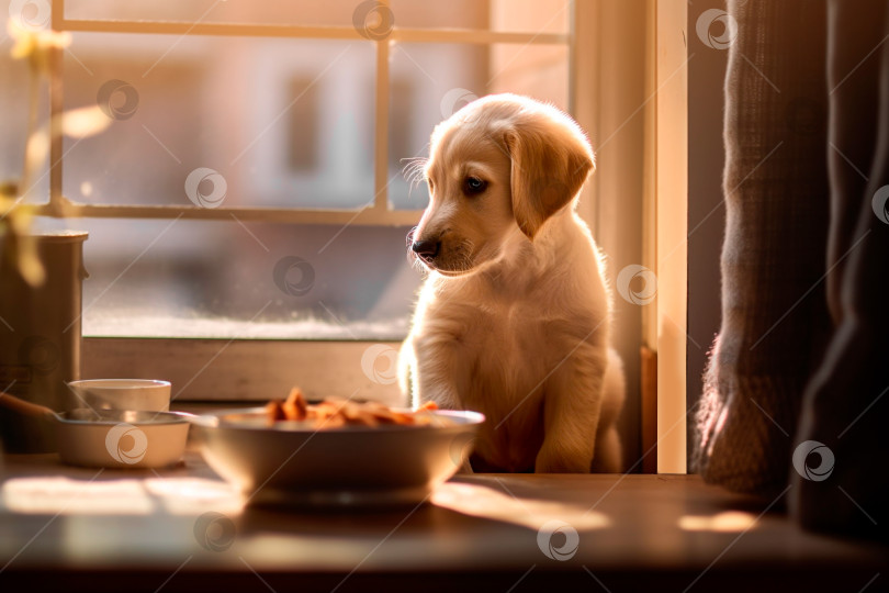 Скачать грустный щенок лабрадора-ретривера перед миской с едой на яркой солнечной кухне. Отказ от еды фотосток Ozero