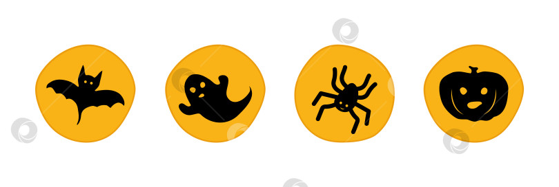 Скачать Значки Хэллоуина летучая мышь, паук, тыква, призрак. Векторные значки черных силуэтов в желтых кругах. фотосток Ozero
