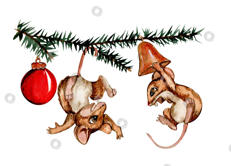 Скачать Акварельные рождественские мышки в мультяшном стиле. Акварельная рождественская иллюстрация от руки для открыток, фонов, скрапбукинга и вашего дизайна. Идеально подходит для приглашения на свадьбу. фотосток Ozero
