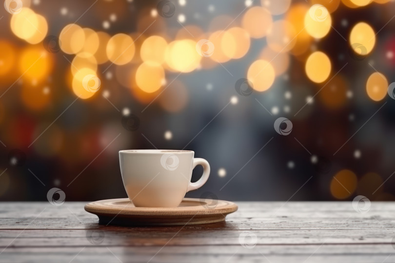 Скачать Чашка черного кофе на деревянном столе в кафе. Рождественские огни и золотая гирлянда на заднем плане. фотосток Ozero