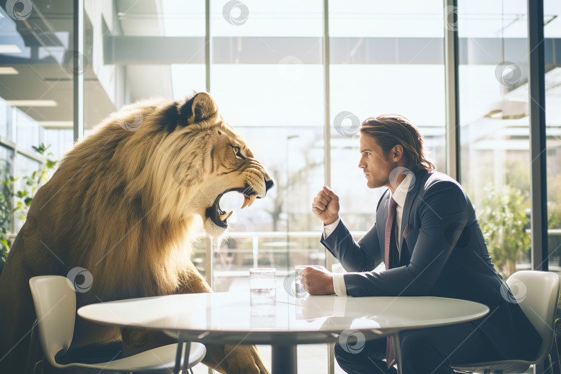 Скачать Успешные бизнесмены мужчина и лев беседуют в современном офисе. Полная концентрация на работе. Иллюстрация генеративного искусственного интеллекта фотосток Ozero