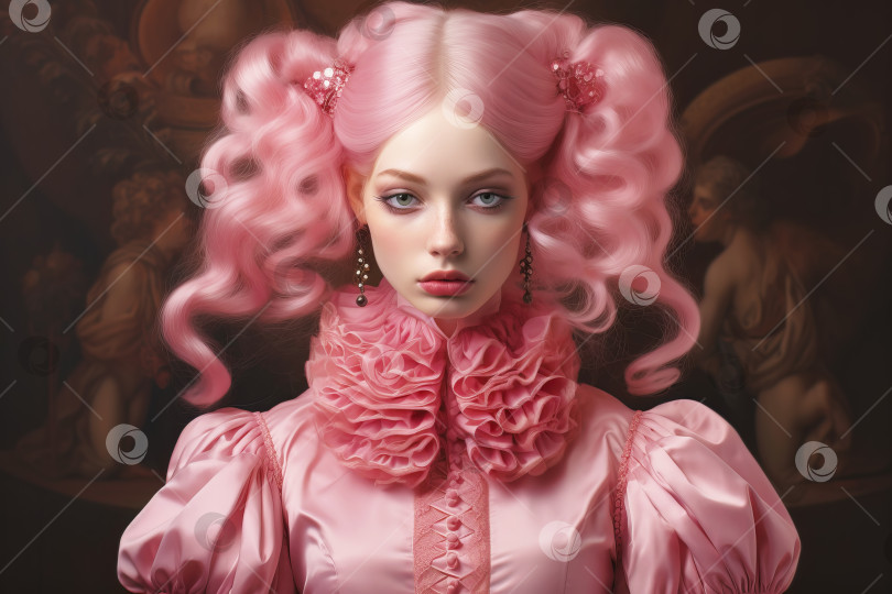 Скачать Сюрреалистический портрет красивой мечтательной молодой женщины в розовом парике. Иллюстрация генеративного искусственного интеллекта фотосток Ozero