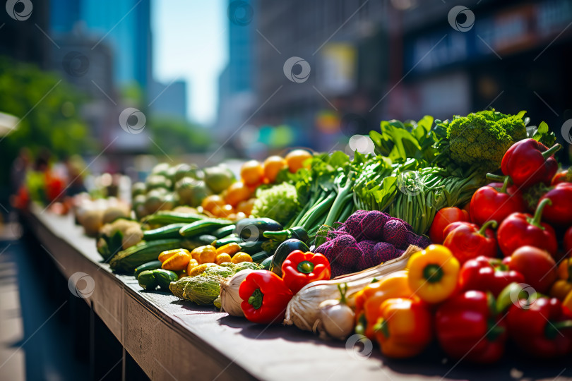 Скачать Местный рынок со свежими фермерскими продуктами. Овощи и зелень крупным планом на уличном прилавке. Иллюстрация генеративного искусственного интеллекта фотосток Ozero