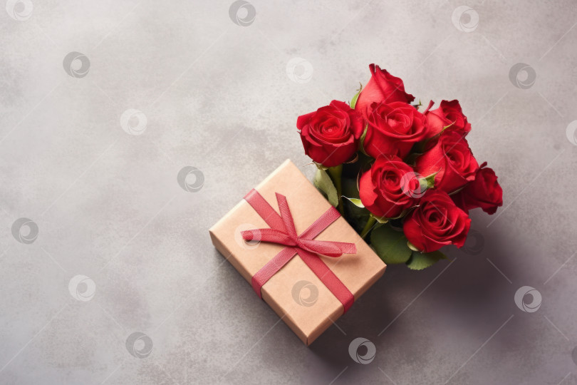 Скачать Красная подарочная коробка и букет красных роз на День Святого Валентина. Поздравительная открытка. Порождающий искусственный интеллект фотосток Ozero